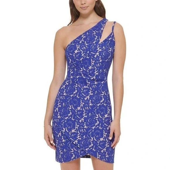 GUESS Women's Size 8 Blue Bonded Lace Cutout One Shoulder Dress NEW - Picture 1 of 14